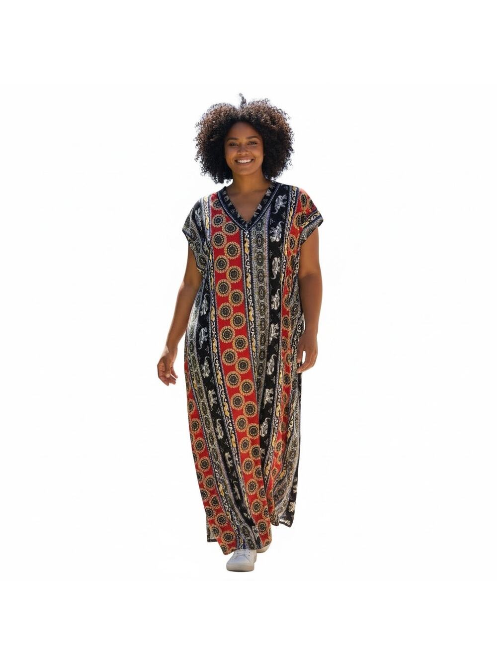 Vintage Elephant Print Kaftan Midi Dress L/XL Red Black Boho V-Neck Cover Up